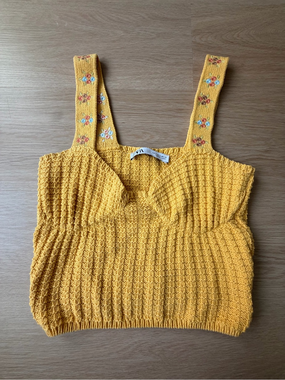 Zara Yellow Knit Camisole with Embroidered Floral Straps